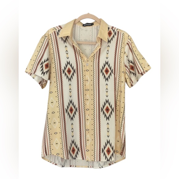 Atlanl Other - Mens Vertical Striped Short Sleeve 70s Retro Aztec Print Button Up Shirt